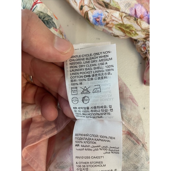 & Other Stories Pink Floral Linen Puff Sleeve Belted Romper Size 6 Casual Travel - Picture 7 of 11